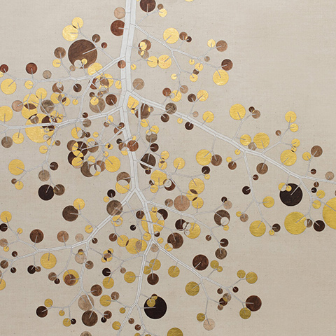 Modern art with brown and gold circles appearing as leaves on a white tree, upside-down.