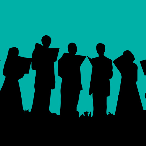 Silhouette of people singing on a teal colored background 
