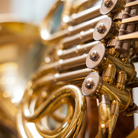 close-up photo of a French horn