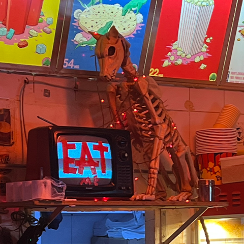 Photo of an animal skeleton and a TV with "eat" written out in tape on it