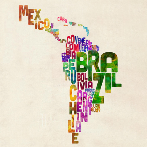 Lettering spelling out the names of South American countries organized into a geographical shape of South America