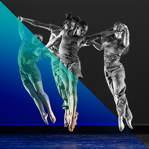 Three students dancers leaping into the air with a half blue and half black and white overlay.