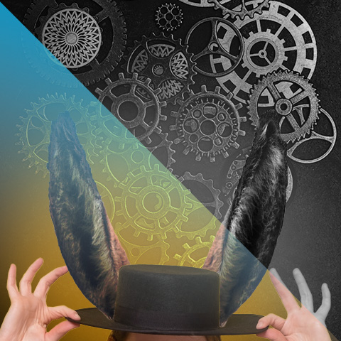 Illustration of two hands holding onto a top hat with feathered ears, which is in front of industrial wheels and levers. Image is half with a yellow-blue hue and half in black and white.