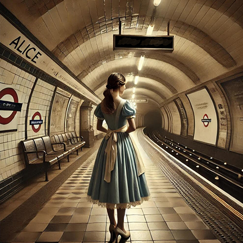 woman in a dress standing in a subway station 