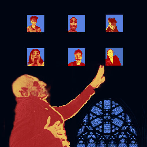 Nosferatu with a red hue in front of six windows with people in them. Black background with ornate window details in the back.