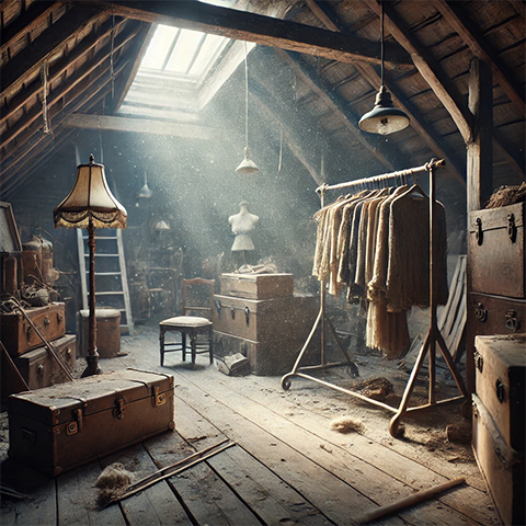A dusty attic with a hanger of cloths and an old lamp