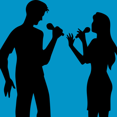 two singer silhouettes against a blue background