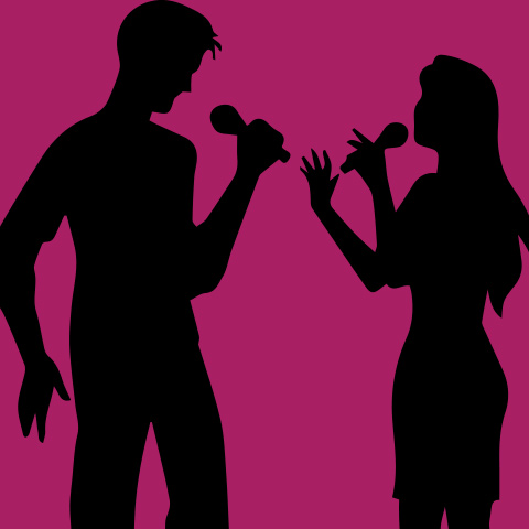the silhouettes of two singers against a pink background 