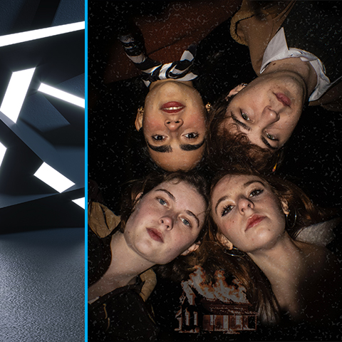 Left side: structure with light beaming in grey room. Right side: Image of four students heads laying next to one another with a stoic expression.