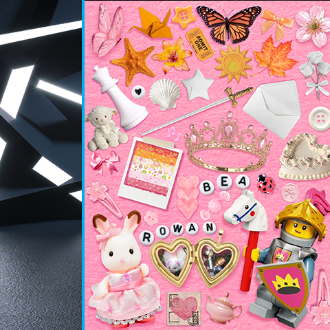 Left side: structure with light beaming in grey room. Right side: Pink image with a crown, sword, stuffed animals, a butterfly, a polaroid of the lesbian flag, flowers, a white chess piece, and a heart shaped locket—all pink, white, and orange.