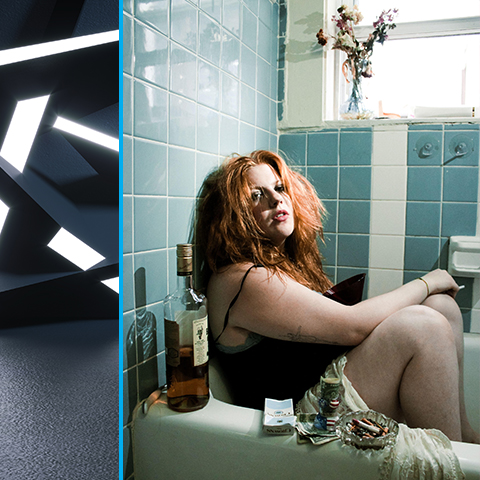 Left side: structure with light beaming in grey room. Right side: Woman in blue-tiled bathtub, holding a cigarette and sitting next to a bottle of liquor, dollar bills, and an ashtray.