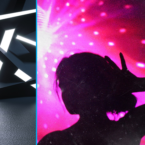 Left side: structure with light beaming in grey room. Right side:a bright pink lit background with the silhouette of a woman in front.