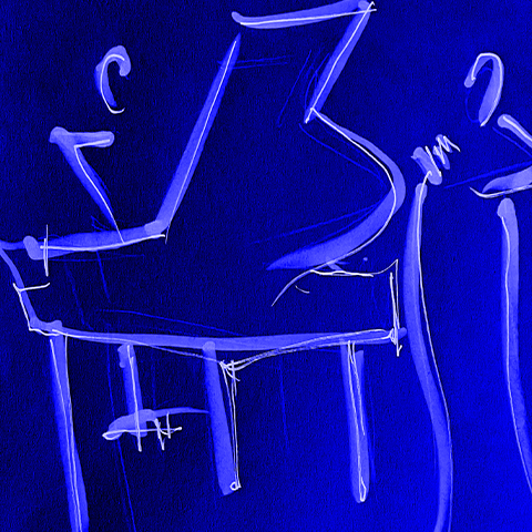 Drawing of a stick figure playing the piano and another stick figure singing, with a blue background