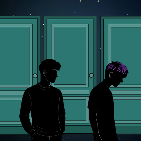 A digital drawing of two silhouttes standing by three blue doors