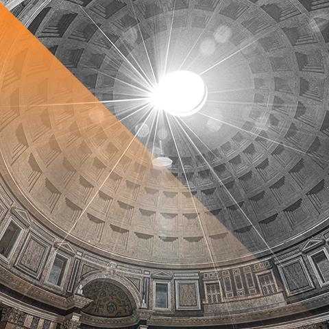 the sun shines through a roman style dome