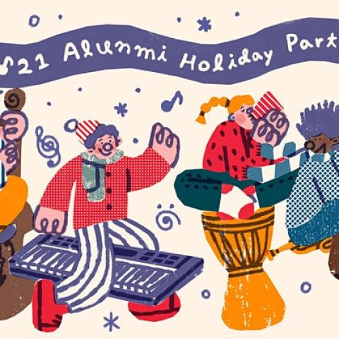 illustration of a band playing music beneath a banner that reads '2021 alumni holiday party'