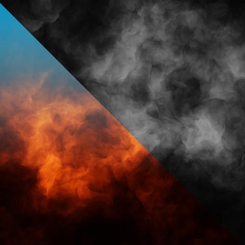 Cloud of smoke, half black and white and half in blue and orange.