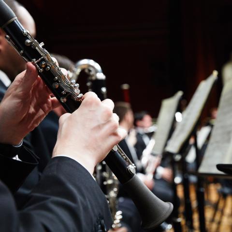 Photo from the side of a person playing the clarinet in an ensemble.