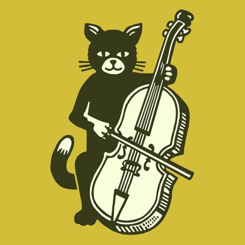 Cartoon of a black and white cat playing a double bass infront of a yellow background