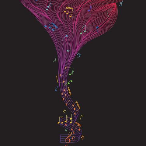 Graphic of a black background with a magenta swirl of lines in a V shape with music notes running through it.