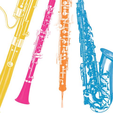 illusrtation of a yello bassoon, pink clarinet, orange oboe, and blue saxophone