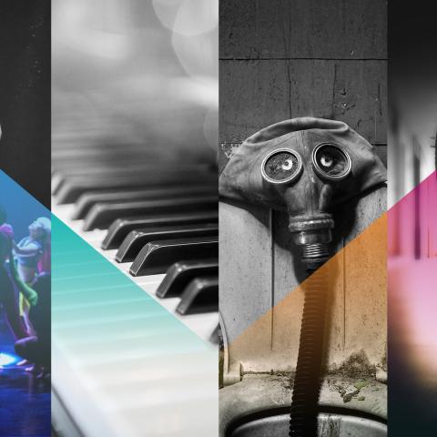 an image collage of a dancer, piano keys, a gas mask, and an ominous photo of a student in a school hallway