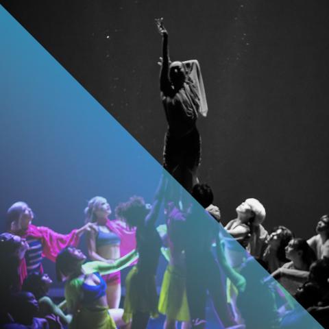 Group of dancers holding up one dancer in the air in the middle of the photo. The image is half in black and white and half with a blue-hue over it.