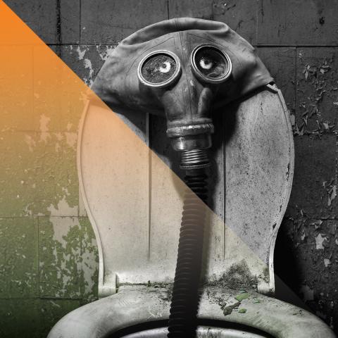 Black and white image of a toilet with a hose down the drain with two eyes on top