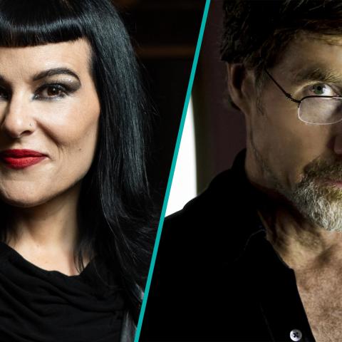 Left: Headshot of Honorary Degree Recipient Beth Morrison, Right: Headshot of Honorary Degree Recipient Moses Pendleton. Headshots are separated by a thin blue vertical line.