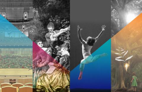Collage depicting Into the Woods, a concert hall, a dancer mid leap, and a historical image of women reading music 