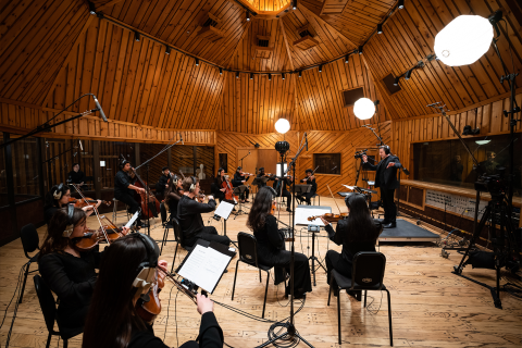 Chair of Instrumental Studies Matthew Marsit (far right) conducts student instrumentalists from Boston Conservatory during a recording session at the Power Station at Berklee NYC.