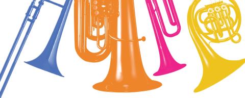 Cartoon of brass instruments with white background