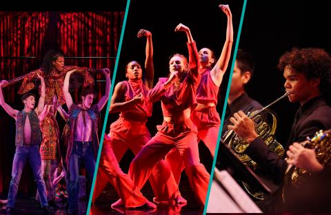 Collage of three images: musical theater students on stage, dancers with their arms raised, and a french horn player