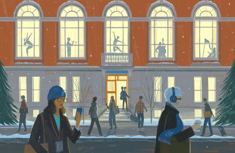 Illustration of people walking outside of 8 Fenway, with doctors, lawyers, and musicians wearing Boston Conservatory merch