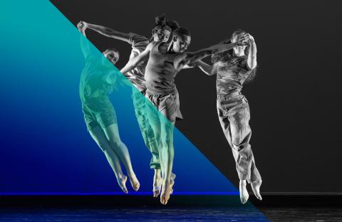 Four dancers leaping in the air with toes pointed; image is half black and white and half of the image has a dark to light blue overlay.