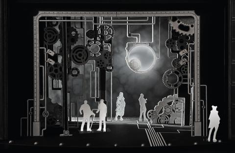Adamson’s rendering of the Midsummer set, complete with steampunk moon.