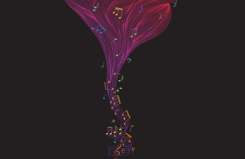Graphic of a black background with a magenta swirl of lines in a V shape with music notes running through it.