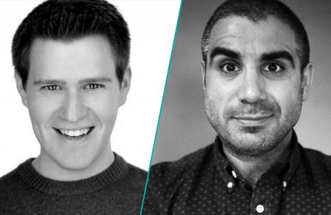 Ben Simpson and Mike Mosallam headshot lockup in black and white