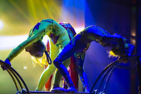 Two acrobats bending backwards onto a hula hoop. One is in yellow with yellow lights and one is in blue with blue lights behind them.