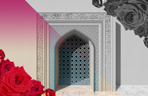Illustration of a door with orante details on the edges, with roses in the top right and bottom left corner. Image has half a red hue and half a black and white overlay.