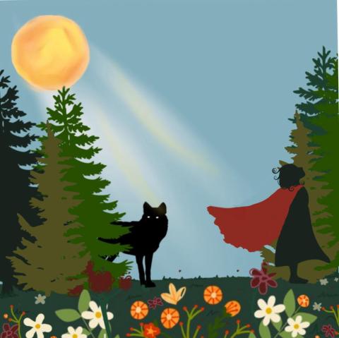 Silhouette of a girl in a red cape and a wolf inside a forest with the sun shining against them. There are green trees and orange, white and red flowers.