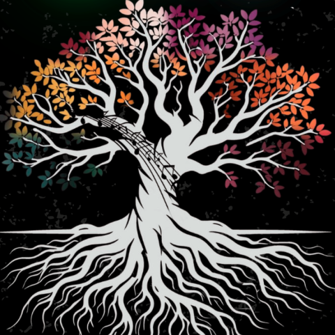illustration of a tree with roots and colorful foliage