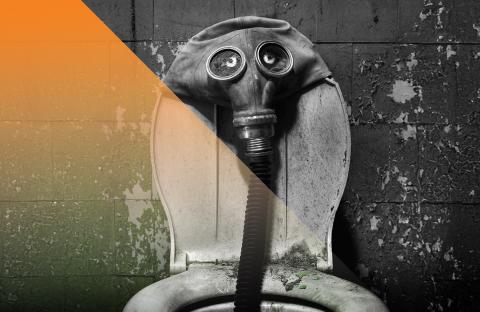 Black and white image of a toilet with a hose down the drain with two eyes on top