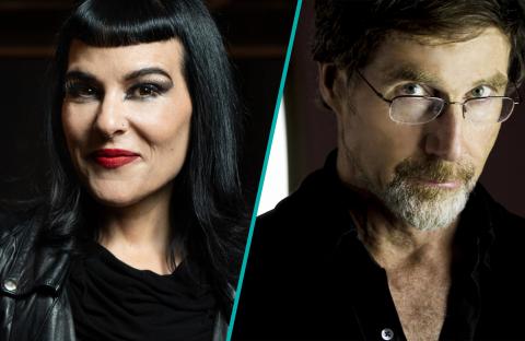 Left: Headshot of Honorary Degree Recipient Beth Morrison, Right: Headshot of Honorary Degree Recipient Moses Pendleton. Headshots are separated by a thin blue vertical line.