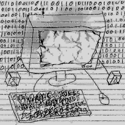 Drawing of a computer with 1 and 0s around it