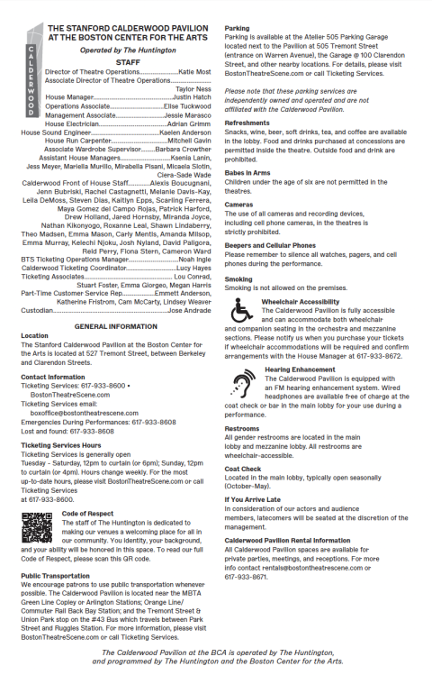 Calderwood Pavilion information on staff, accessibility needs, parking, general information, and rules.