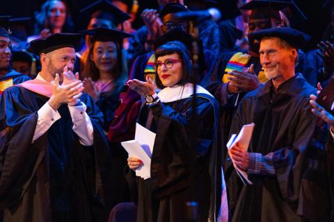 Boston Conservatory Executive Director Michael Shinn celebrates with honorary doctorate recipients Beth Morrison and Moses Pendleton.