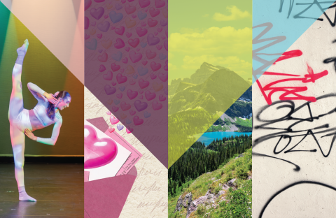 image collage showing a dancer, a valentine, a scenic view, and graffiti 